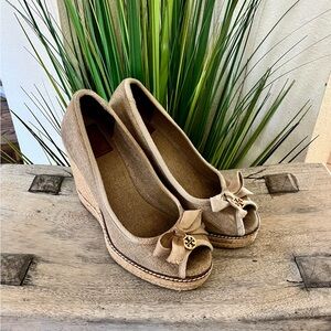 Tory Burch Tan Wedges with Bow Detail